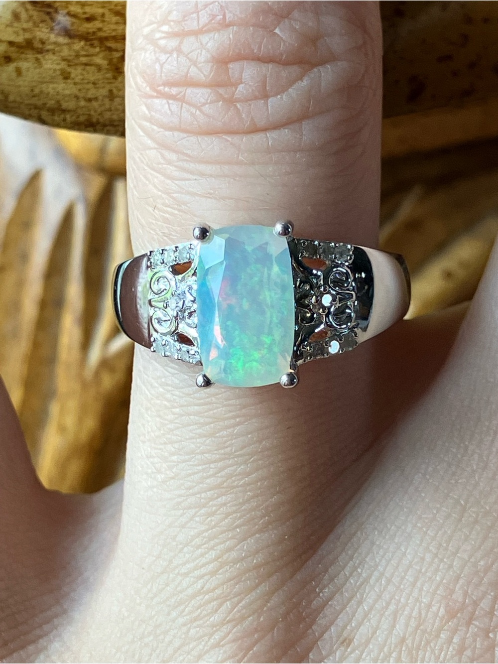 Natural Ethiopian Opal White Diamond Sterling Silver Ring Size 6.75
